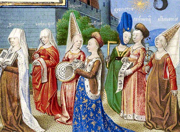 Medieval 1100-1450 | History of Costume - https://historyofeuropeanfashion.wordpress.com/2012/01/07/art-from-the-late-middle-ages/ Art from Late Middle Ages: historyofeuropeanfashion.wordpress.com 620  454. The women wear a variety of gown styles, including sideless surcoats over cotehardies and the v-necked, high-waisted 'Burgundian' gown. Google image from http://blogs.getty.edu/iris/files/2011/07/boethius_detail.jpg