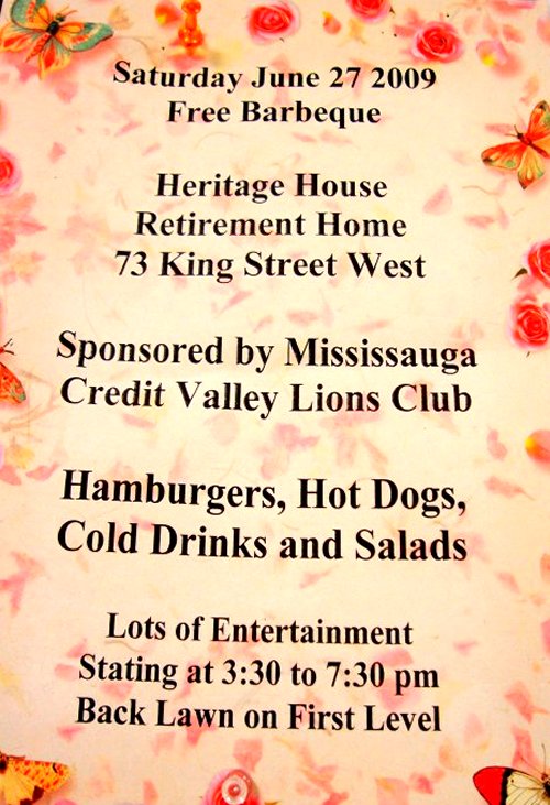 Heritage House Retirement Home Free BBQ Poster at Older Adult Centre