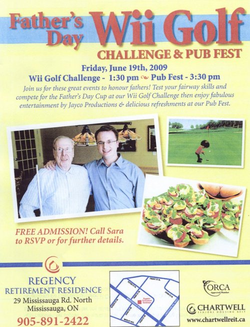 Regency Retirement Residence, Father's Day Wii Golf Challenge & Pub Fest Poster at Older Adult Centre