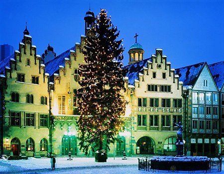 A Christmas tree at the holiday market, Romer, Frankfurt's city hall.