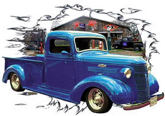 1938 Blue Chevy Truck Google image from http://burnoutgear.com/hotrod-custom-car-tshirts/images/38%20BLU%20CHEVY%20PU%20G.jpg