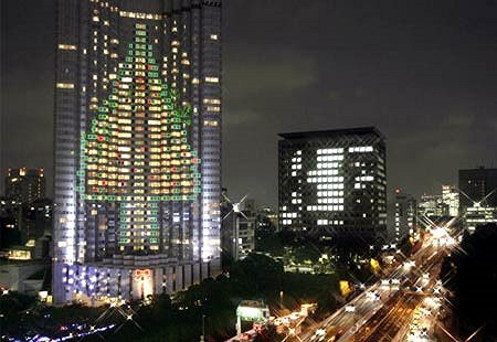 Tokyo's night time neon display of a Christmas tree.