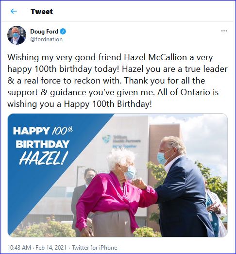 Tweet from Ontario Premier Doug Ford 14 Feb 2021