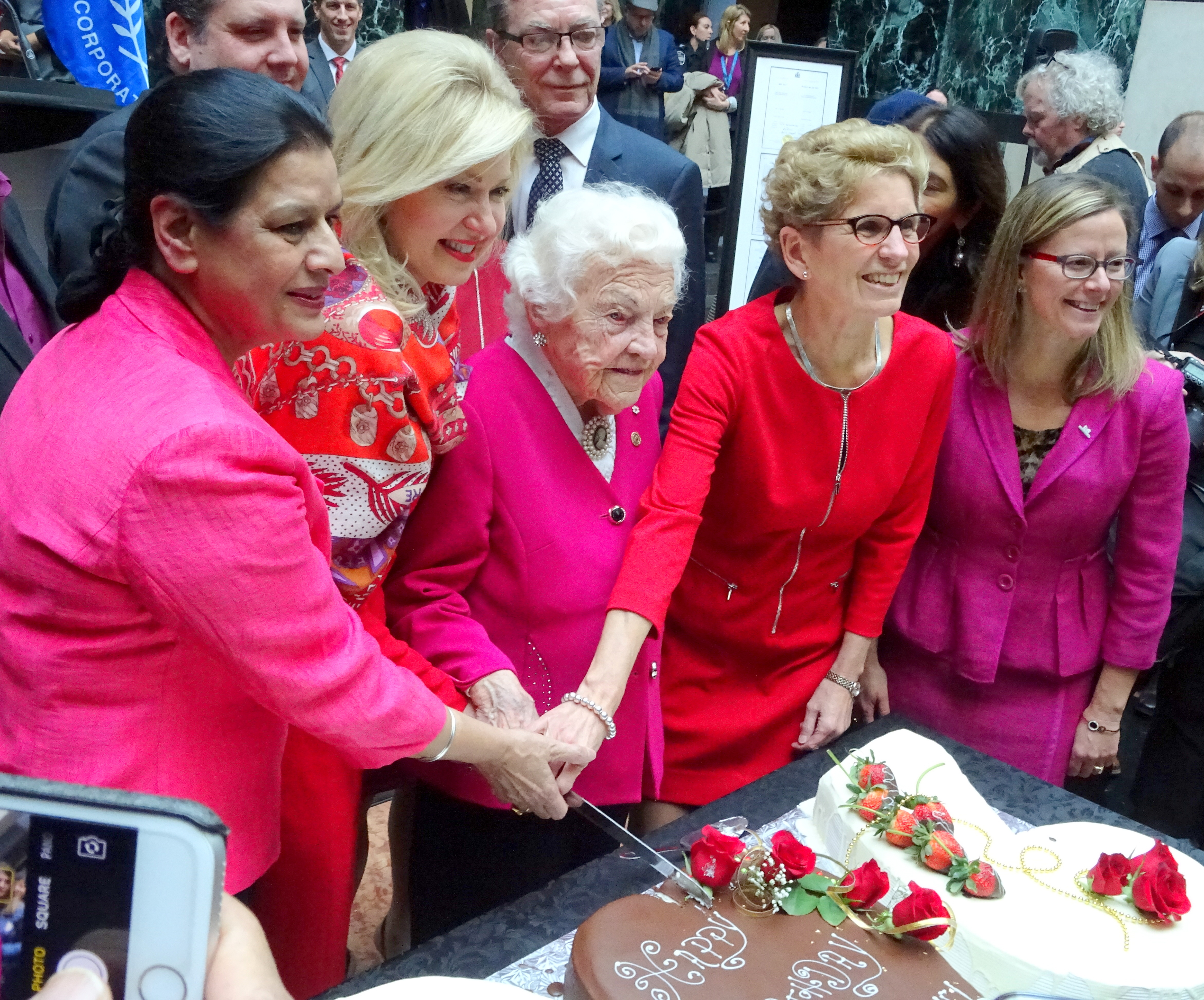 MPP Amrit Mangat, Mayor Bonnie Crombie, and Ontario Premier Kathleen Wynne help Hazel McCallion cut her 96th Birthday Cake, with Ward 3 Councillor Chris Fonseca, Mississauga Civic Centre, 14Feb17