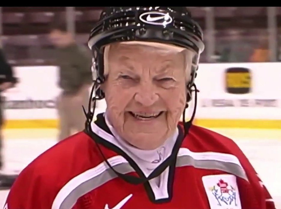Hazel McCallion in Hockey Helmet image from Do Your Homework YouTube video: https://www.youtube.com/watch?v=53vqSJDBic0