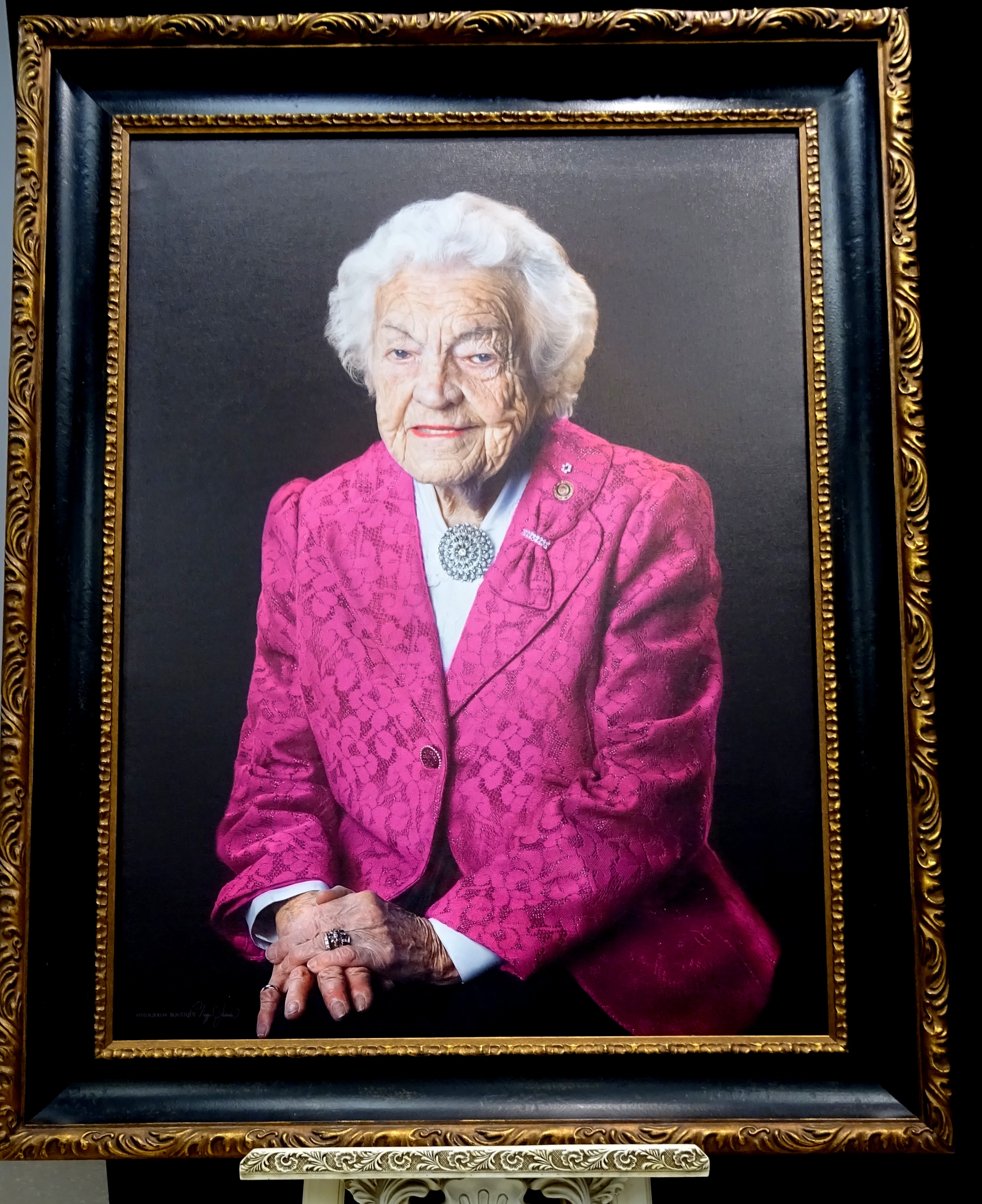 Portrait of Hazel McCallion in Pink by Maggie Habieda of Fotografia Boutique, on display at Hazel McCallion Hall, Vic Johnston C.C. 14 Feb 2017