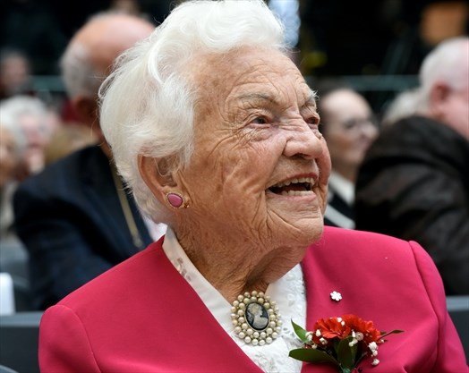 Close-up photo of Hazel McCallion by Rob Beintema of Metroland at Legends Row: Mississauga's Walk of Fame Induction Ceremony, Erin Mills Town Centre, 4 Nov 2017