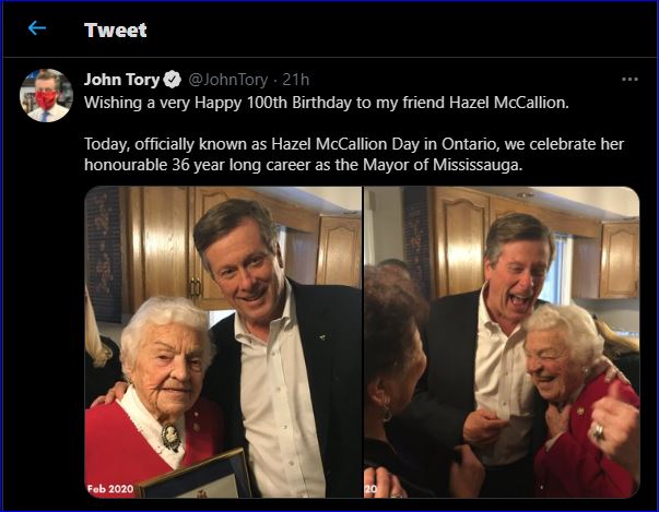 Tweet from Toronto Mayor John Tory 14 Feb 2021