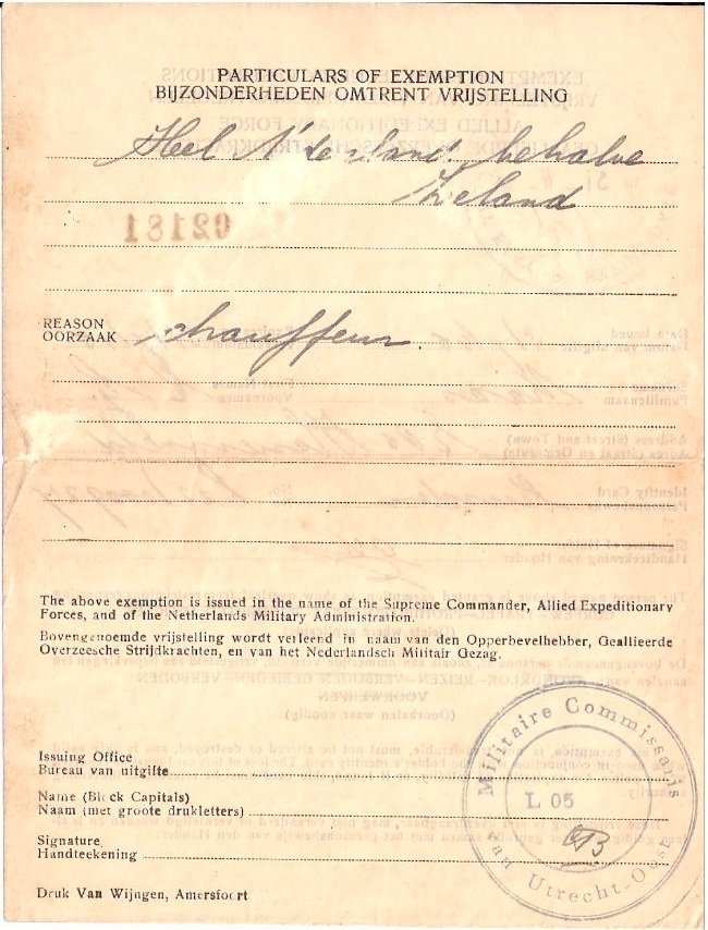 Carl Kaas Exemption Amersfoort Chauffeur 3 July 1945