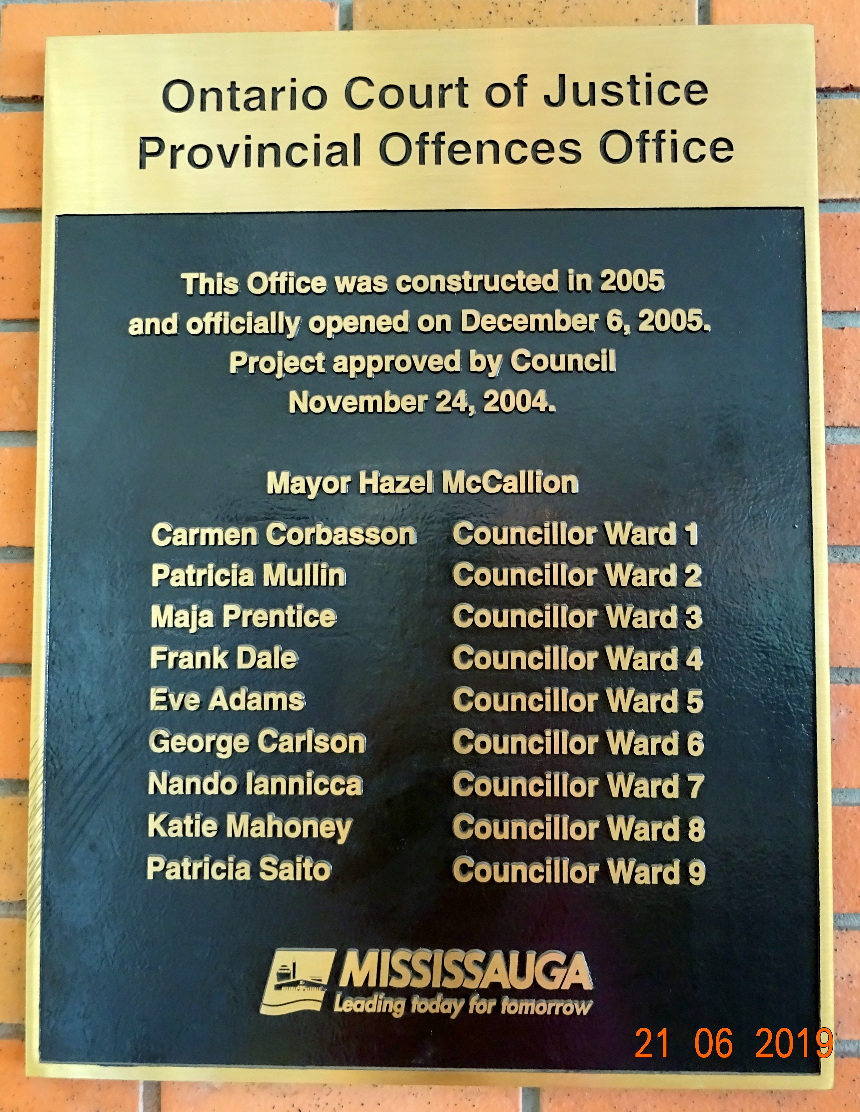 Ontario Court of Justice Provincial Offences Office Opened by Mayor Hazel McCallion on November 24, 2004 - Photo by I Lee, 21 June 2019