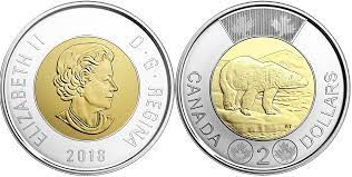 2018 Canadian Toonie Coin with Queen Elizabeth II on front side and Polar Bear on back side.