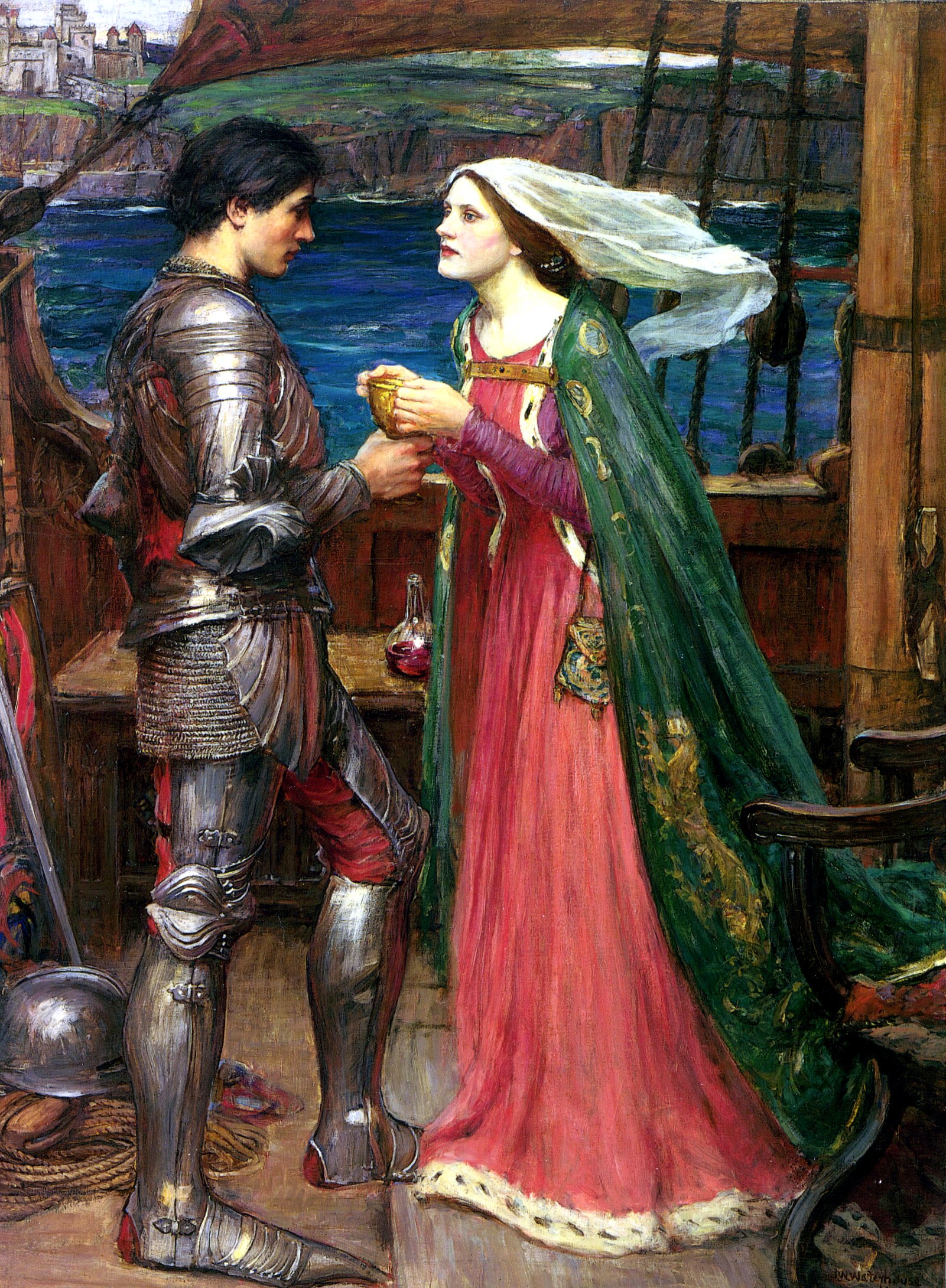 Tristan and Isolde with the Potion, oil on canvas by John William Waterhouse 1849-1917 Google image from https://pixels.com/featured/1-tristram-and-isolde-john-william-waterhouse.html