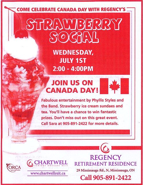 Regency Retirement Residence, Canada Day Strawberry Social - Poster at Square One Older Adult Centre