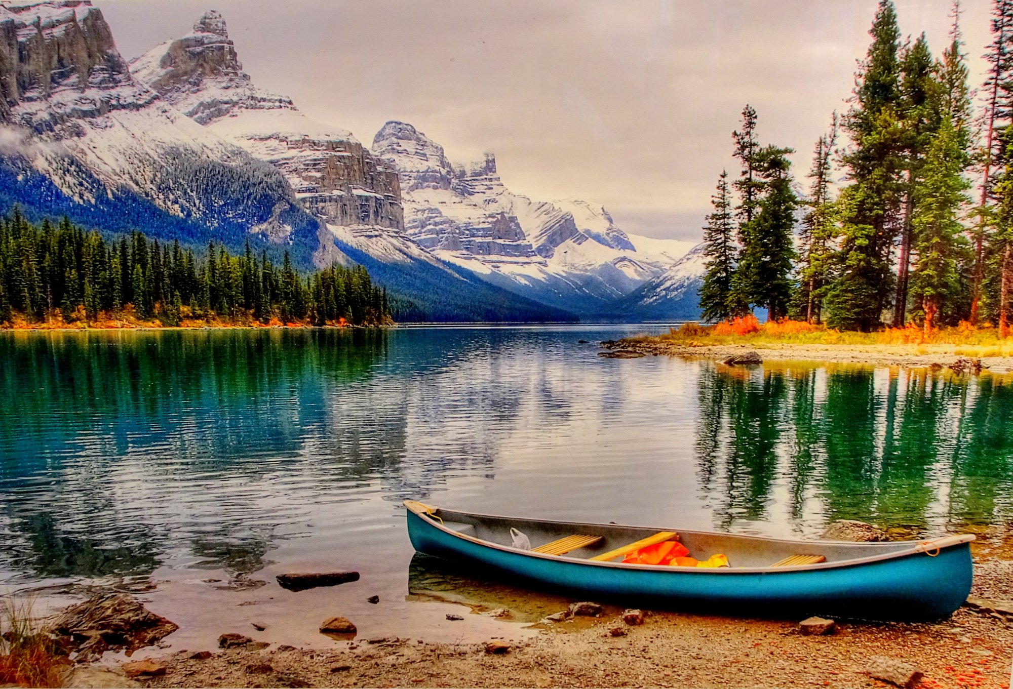 Lone Canoe at Spirit Island by Bob Warren at Mississauga Camera Club: Proud to Be Canadian - Our Stories Exhibit, Living Arts Centre Gallery, Photo by I Lee, 21 July 2017