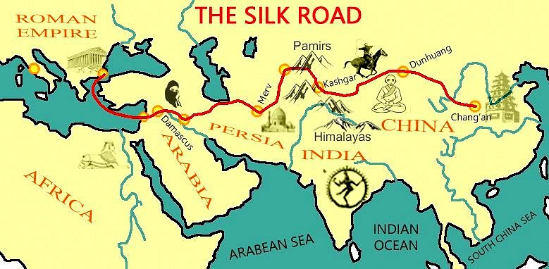 The Silk Road Map Google image from https://wisethisnews.com/2014/06/17/the-silk-road-a-green-issue/